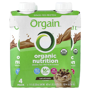 Orgain, протеиновый коктейль из молока коров травяного откорма, со вкусом холодного кофе мокко, 4 пакетика по 330 мл (11 жидк. унций)