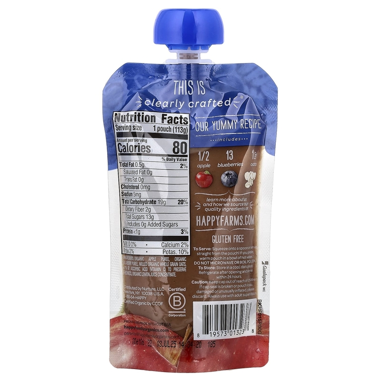 Happy Family Organics, Happy Baby®, органическое детское питание, для детей от 6 месяцев, яблоки, голубика и овсянка, 113 г (4 унции) (Товар снят с продажи) 