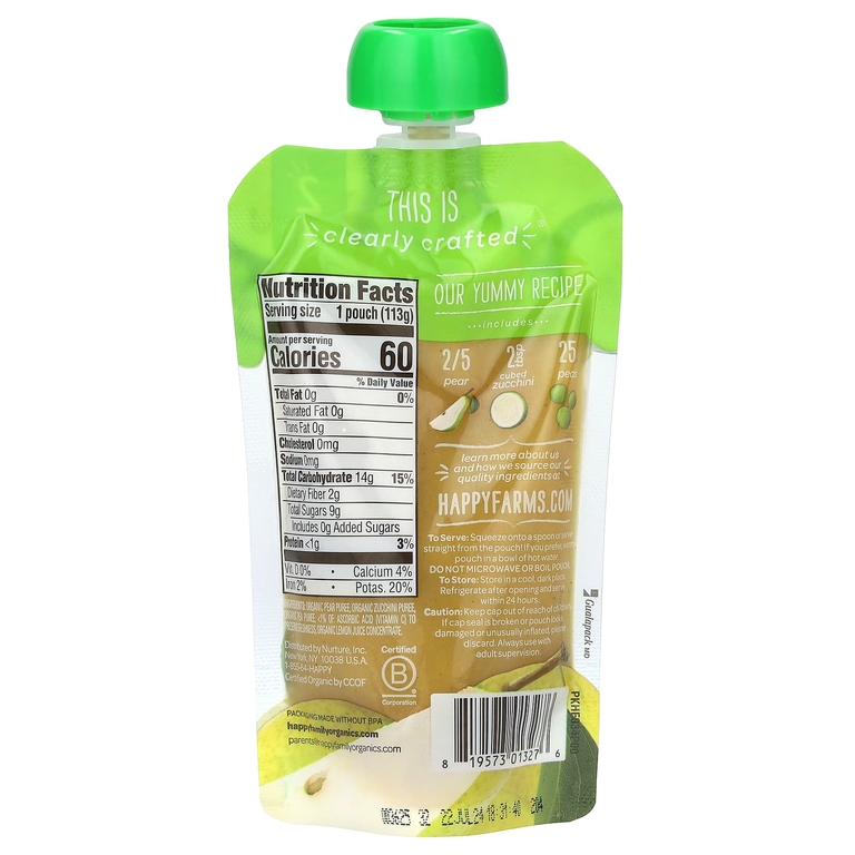 Happy Family Organics, органическое детское питание, для детей от 6 месяцев, груши, цукини и горох, 113 г (4 унции)