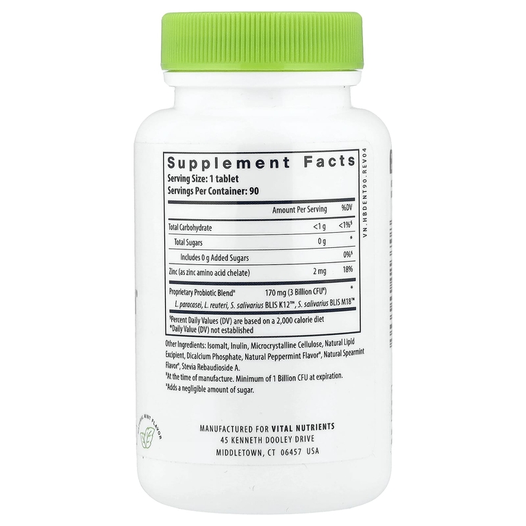 Vital Nutrients, пробиотики для полости рта, натуральный мятный вкус, 90 веганских жевательных таблеток