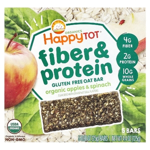 Happy Family Organics, овсяный батончик с клетчаткой и протеином, для детей от 2 лет, органические яблоки и шпинат, 5 батончиков по 25 г (0,88 унции)
