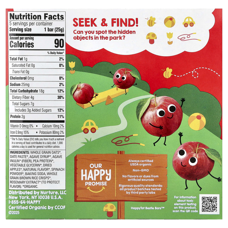Happy Family Organics, овсяный батончик с клетчаткой и протеином, для детей от 2 лет, органические яблоки и шпинат, 5 батончиков по 25 г (0,88 унции)