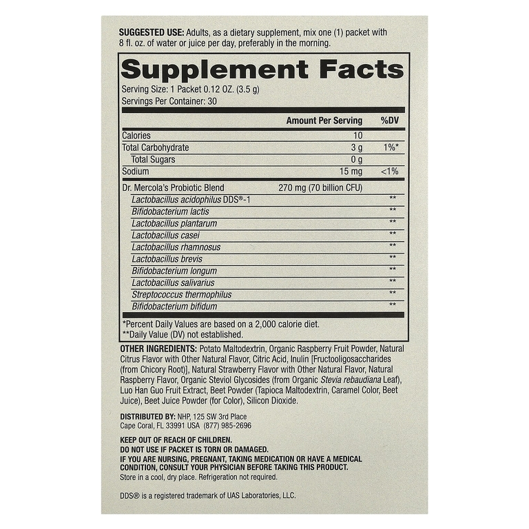 Dr. Mercola, комплекс пробиотиков в виде порошка в пакетиках, натуральный малиновый вкус, 70 млрд КОЕ, 30 пакетиков, по 3,5 г (0,12 унции) каждый
