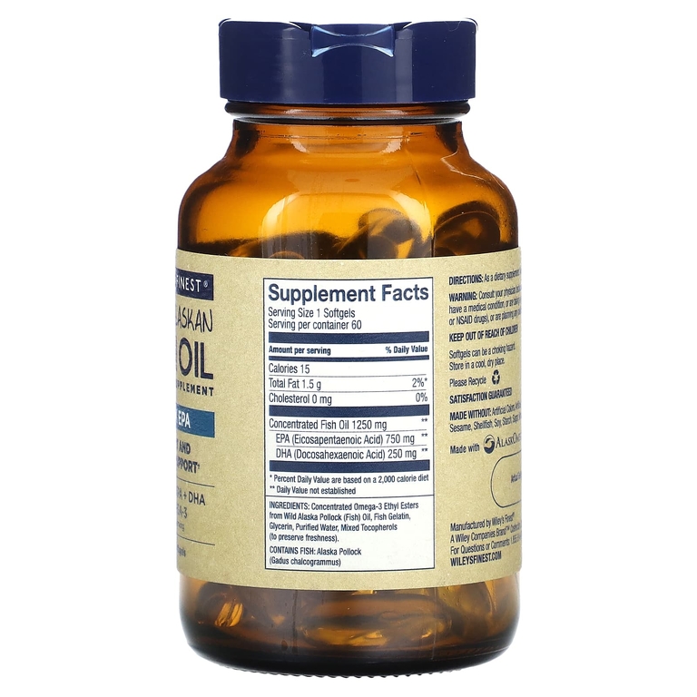 Wiley's Finest, жир дикой аляскинской рыбы, максимальное содержание ЭПК, 60 капсул