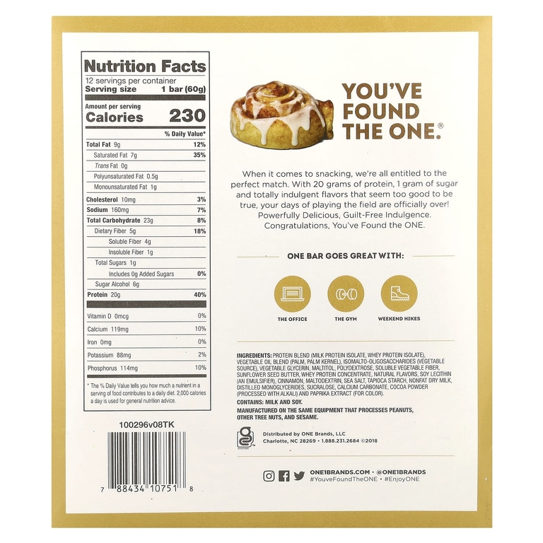 One Brands, Питательный батончик, со вкусом корицы, 12 шт., 60 г (2,12 унции) каждый
