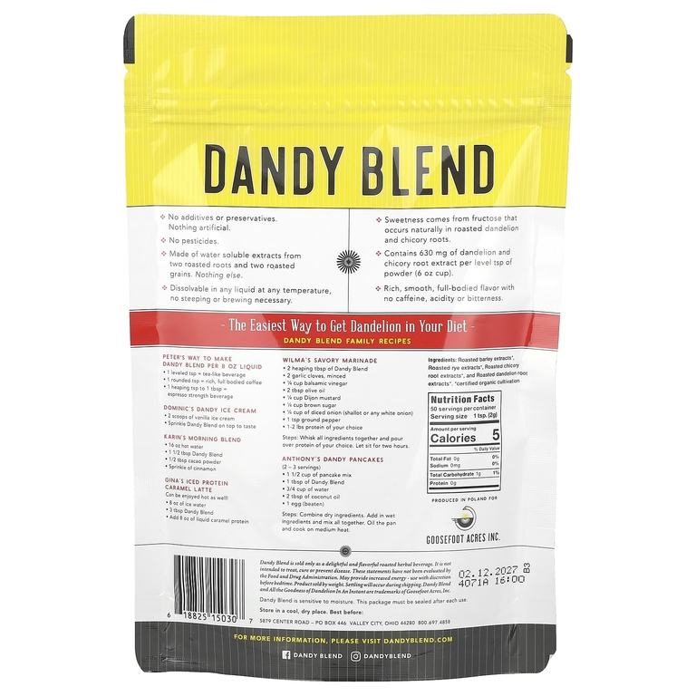 Dandy Blend, растворимый травяной напиток с органическим одуванчиком, без кофеина, 100 г (3,53 унции)