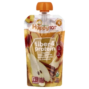 Happy Family Organics, пюре, клетчатка и протеин, для детей от 2 лет, органические груши, персики, тыква, яблоки и корица, 113 г (4 унции)