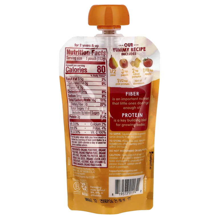 Happy Family Organics, пюре, клетчатка и протеин, для детей от 2 лет, органические груши, персики, тыква, яблоки и корица, 113 г (4 унции)