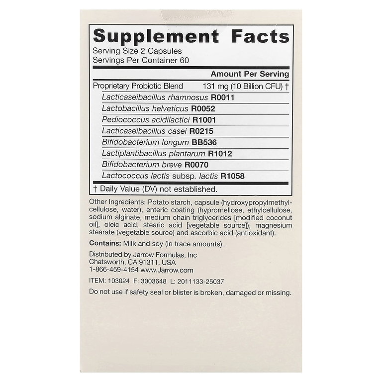 Jarrow Formulas, смесь 8 штаммов пробиотиков, 120 растительных капсул (5 млрд в 1 капсуле)