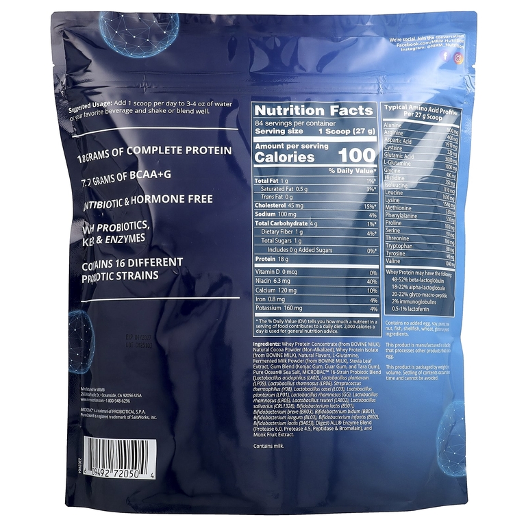 MRM Nutrition, сывороточный протеин, 2 млрд пробиотиков, шоколад, 2270 г (5 фунтов)