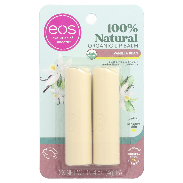 EOS, 100% натуральный органический бальзам для губ, ваниль, 2 шт. в упаковке, 4 г (0,14 унции)