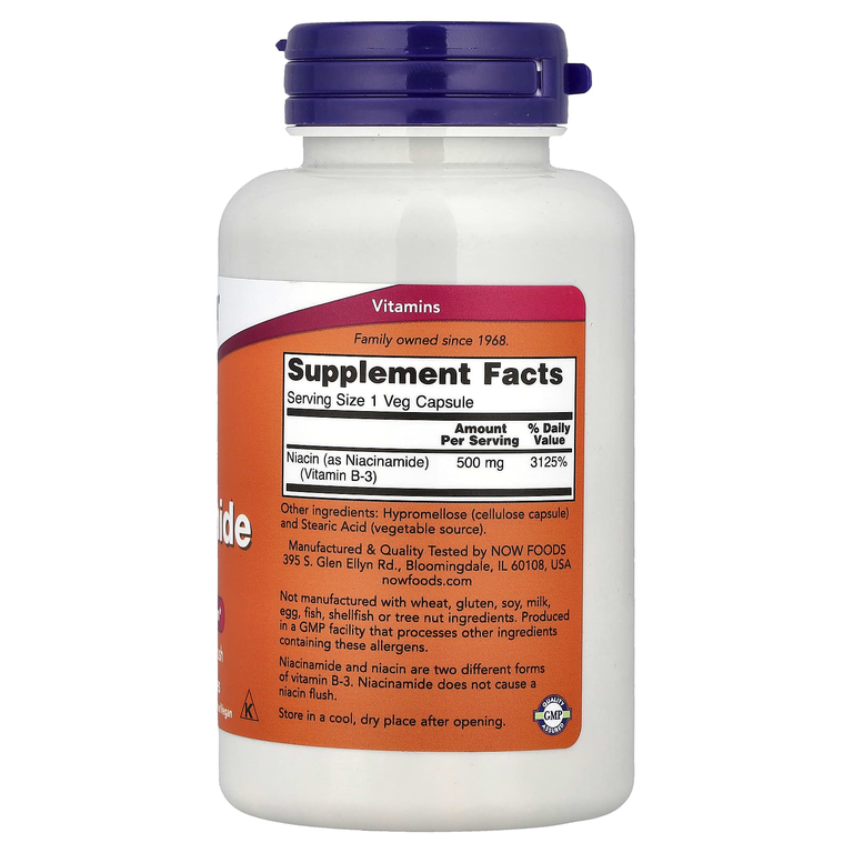 NOW Foods, никотинамид, 500 мг, 100 вегетарианских капсул