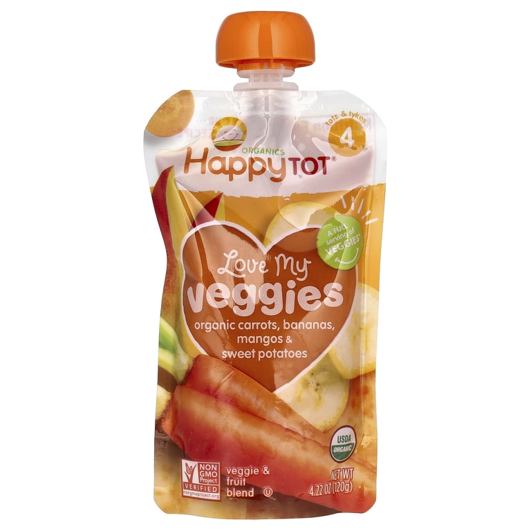 Happy Family Organics, пюре, этап 4, органическая морковь, бананы, манго и батат, 4 пакетика по 120 г (4,22 унции)