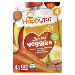 Happy Family Organics, пюре, этап 4, органическая морковь, бананы, манго и батат, 4 пакетика по 120 г (4,22 унции)