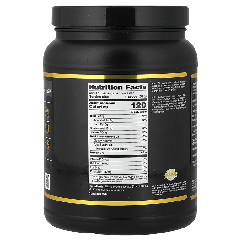California Gold Nutrition, Спорт, изолят сывороточного протеина, без добавок, 454 г (1 фунт)