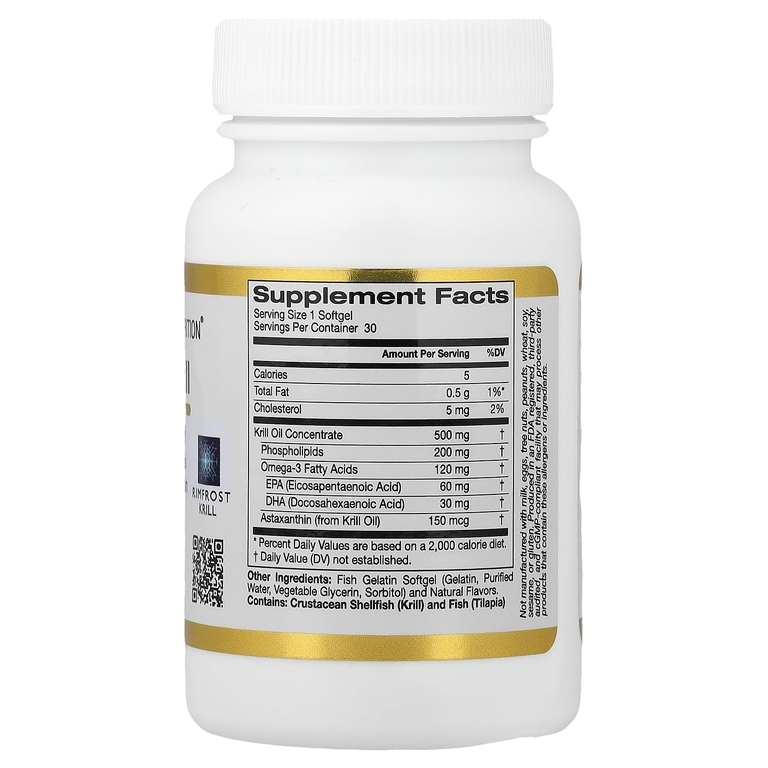 California Gold Nutrition, масло антарктического криля, комплекс фосфолипидов из омега-3 с ЭПК, ДГК и астаксантином, натуральный вкус клубники и лимона, 500 мг, 30 капсул из рыбьего желатина