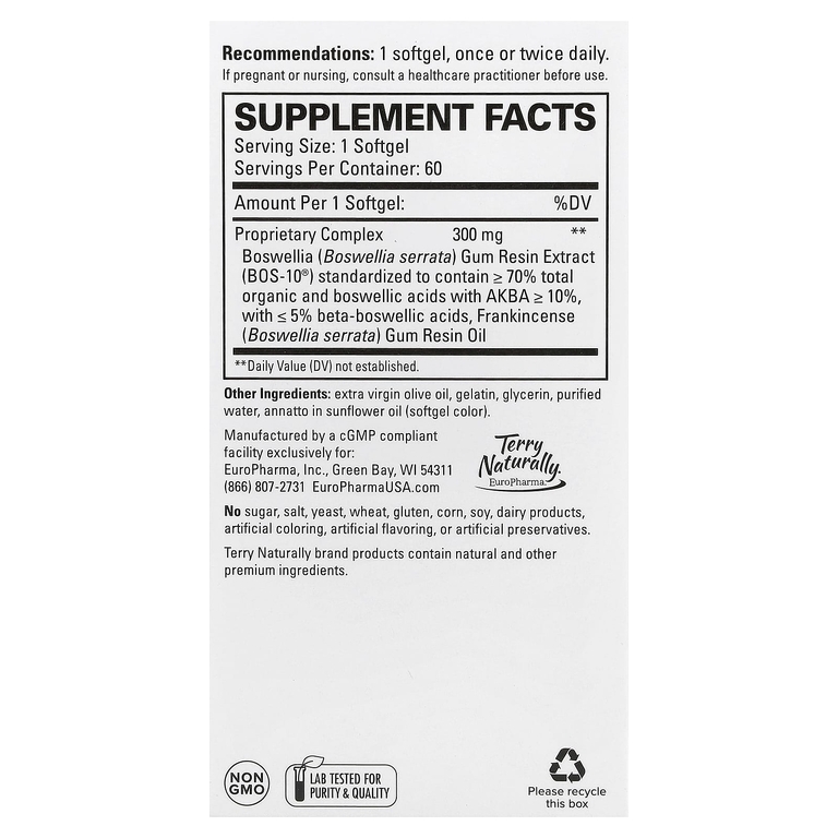 Terry Naturally, Boswellia Plus с маслом ладана, 60 капсул