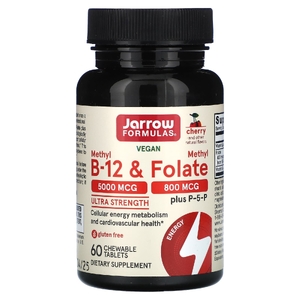 Jarrow Formulas, веганский метил B12 и метилфолат, максимальная сила действия, со вкусом вишни, 60 жевательных таблеток