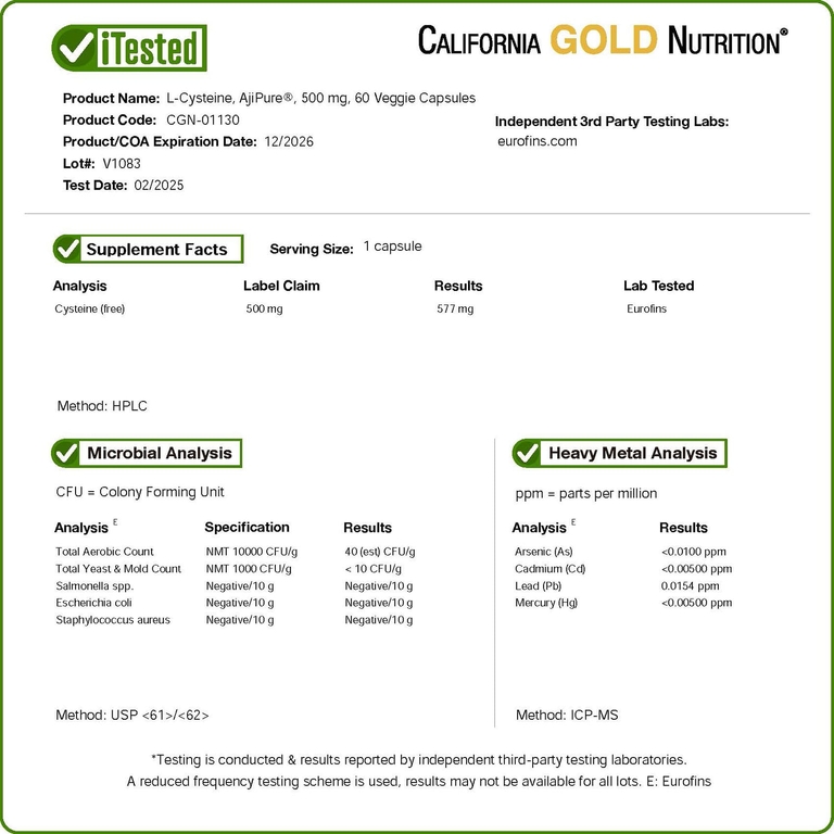 California Gold Nutrition, L-цистеин, 500 мг, 60 растительных капсул