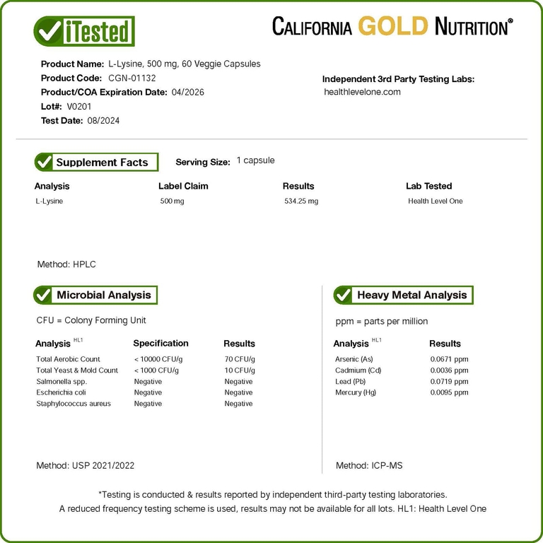 California Gold Nutrition, L-лизин, 500 мг, 60 растительных капсул