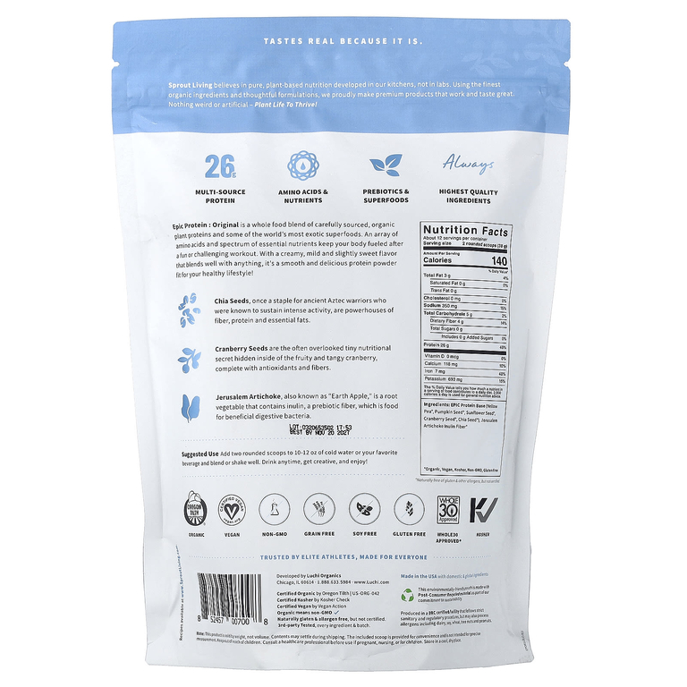 Sprout Living, органический растительный протеин, классический вкус, 455 г (1 фунт)