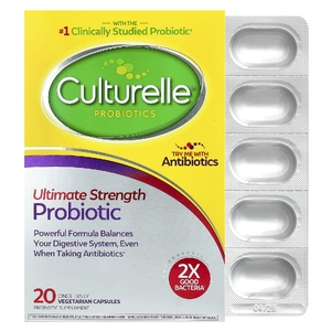 Culturelle, пробиотики, повышенная эффективность, 20 миллиардов КОЕ, 20 вегетарианских капсул для приема один раз в день
