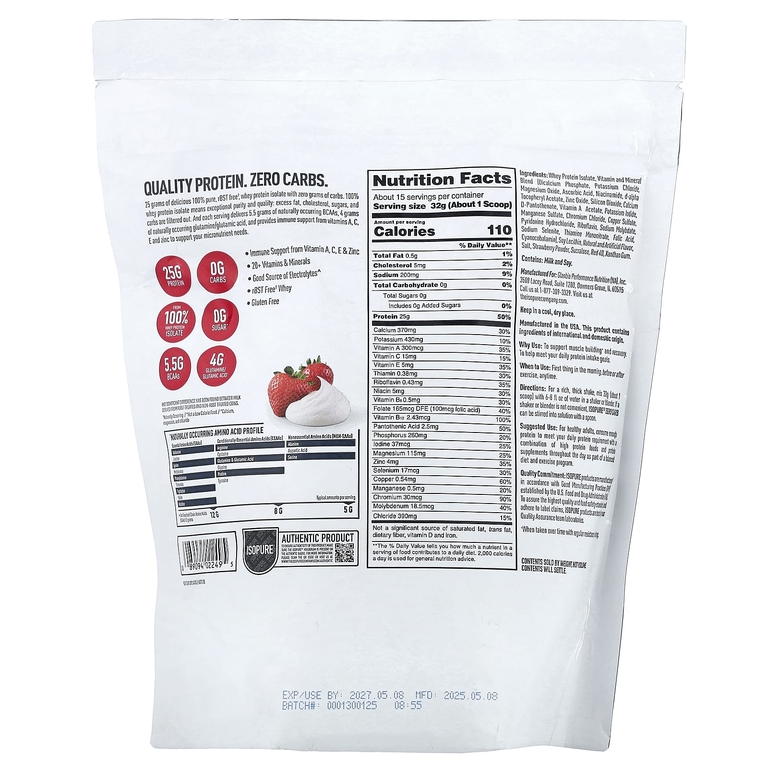 Isopure, протеиновый порошок без углеводов, со вкусом клубники со сливками, 480 г (1,06 фунта)