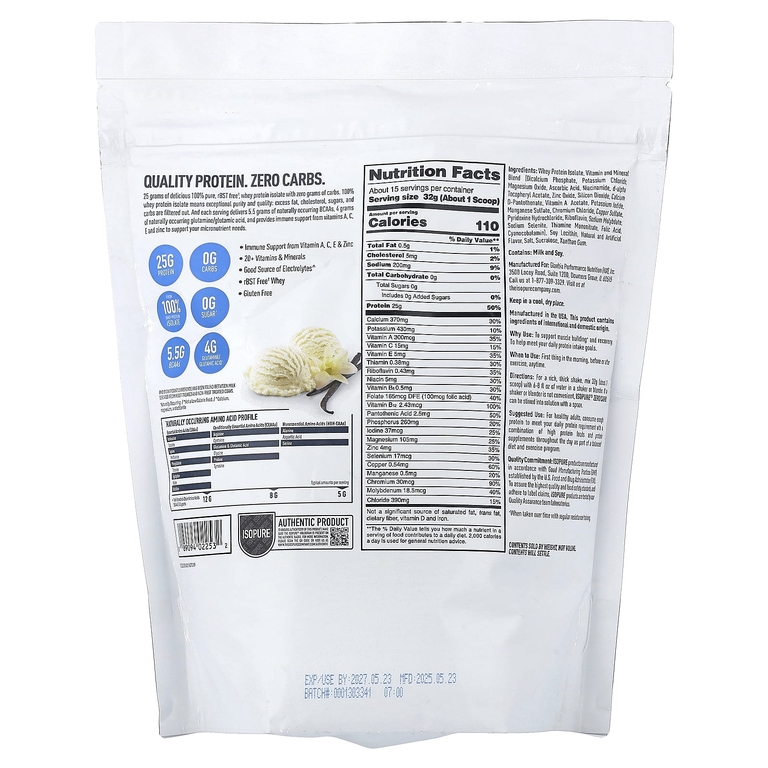 Isopure, протеиновая смесь для приготовления напитка без углеводов, со вкусом ванили, 480 г (1,06 фунта)