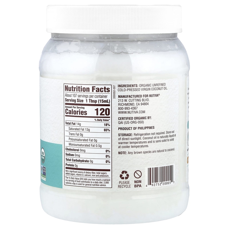 Nutiva, органическое кокосовое масло, первого отжима, 1,6 л (54 жидк. унции)
