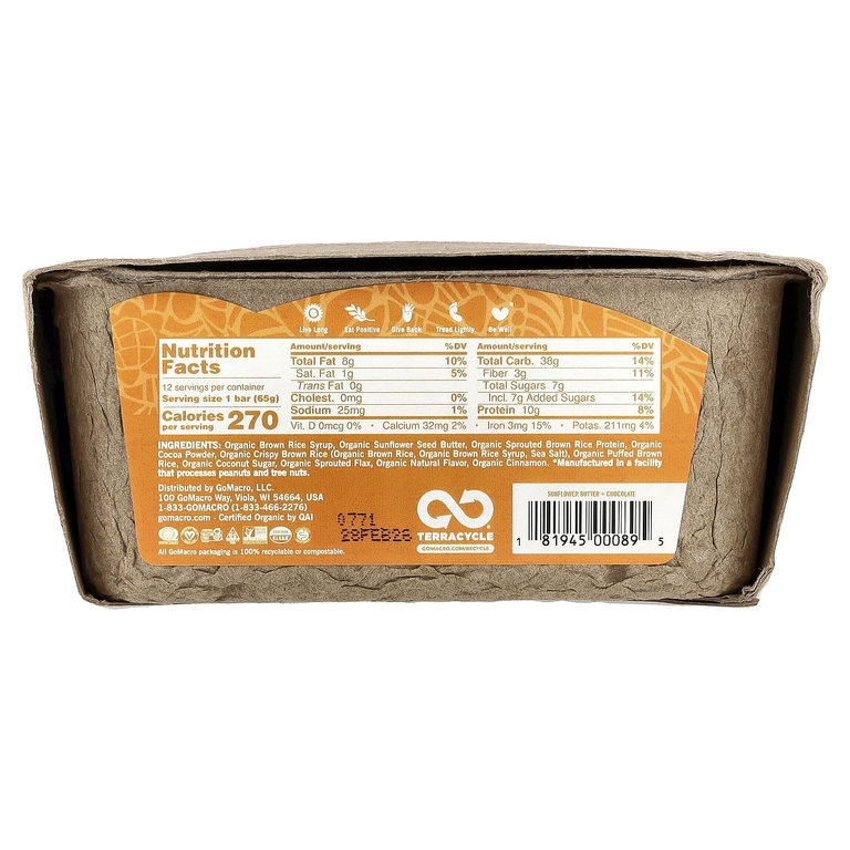GoMacro, MacroBar®, протеиновый батончик, подсолнечное масло и шоколад, 12 батончиков по 65 г (2,3 унции)
