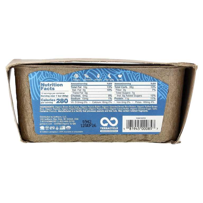 GoMacro, MacroBar®, протеиновый батончик, арахисовая паста, 12 батончиков, 65 г (2,3 унции) каждый