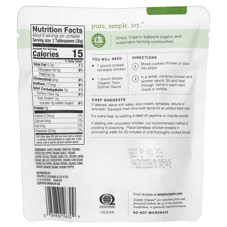 Simply Organic, нежный соус тако для курицы, 227 г (8 унций) (Товар снят с продажи) 
