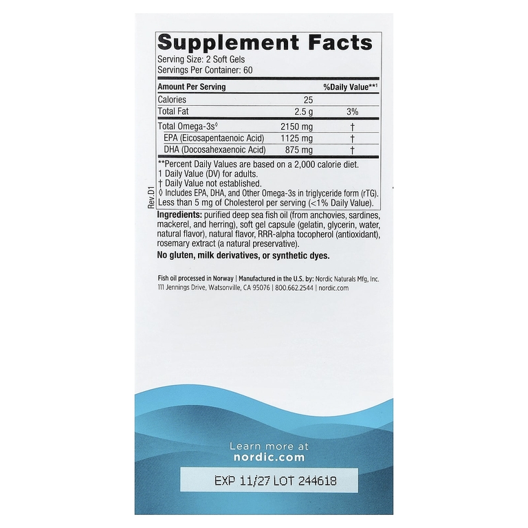 Nordic Naturals, омега-3, лимон, 120 желатиновых  капсул (1075 мг в капсуле)