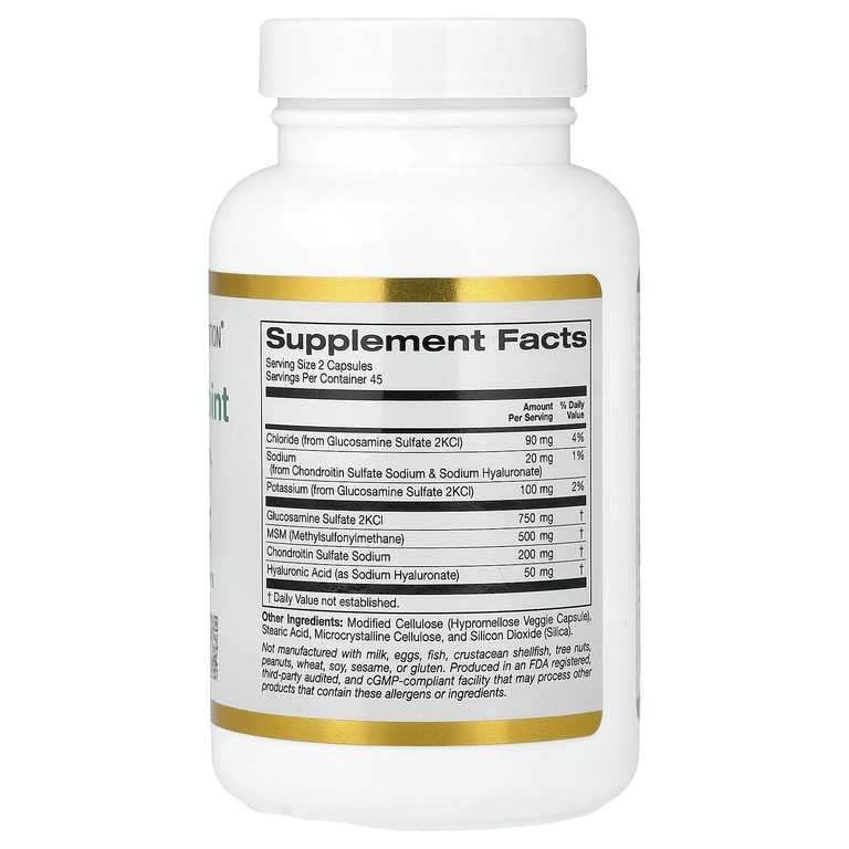 California Gold Nutrition, комплексная растительная добавка для поддержки суставов, с глюкозамином, хондроитином, МСМ и гиалуроновой кислотой, 90 растительных капсул