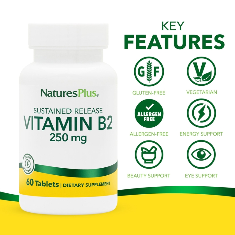NaturesPlus, витамин B2, длительное высвобождение, 250 мкг, 60 таблеток