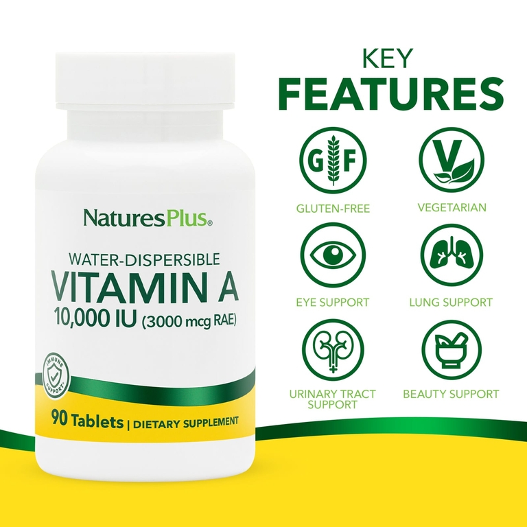 NaturesPlus, водорастворимый витамин A, 10 000 МЕ (3000 мкг), 90 таблеток