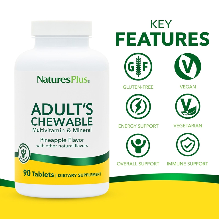 NaturesPlus, жевательные таблетки с мультивитаминами и минералами для взрослых, ананас, 90 таблеток