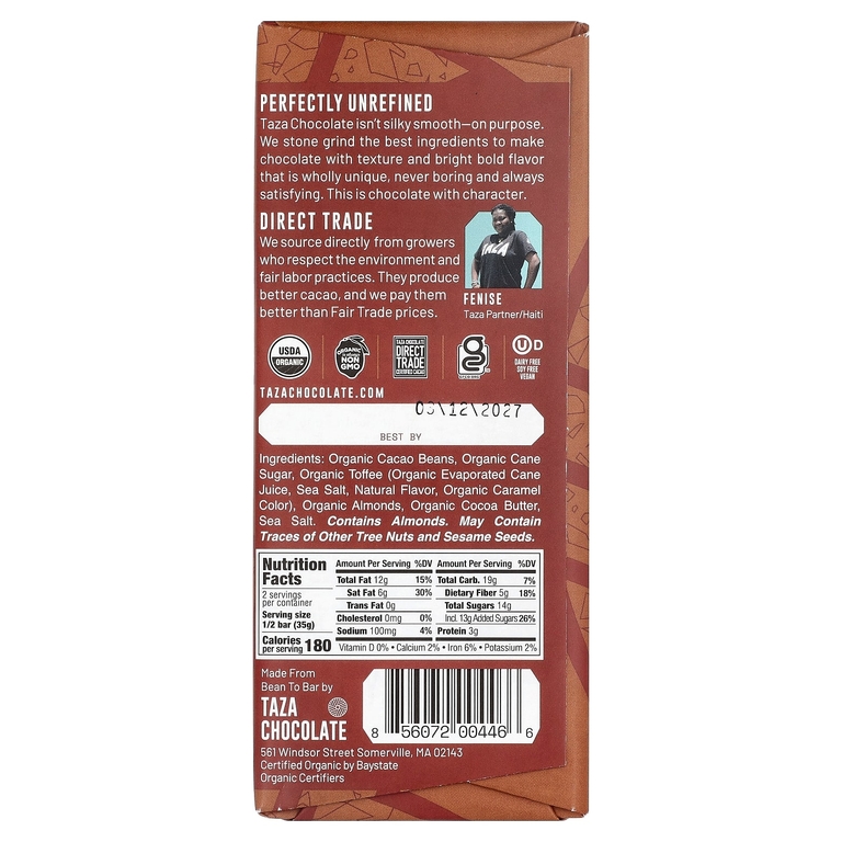 Taza Chocolate, 60% темный шоколад, ирис, миндаль и морская соль, 70 г (2,5 унции)