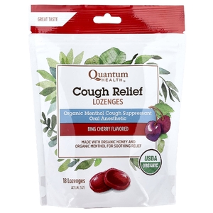 Quantum Health, леденцы от кашля, со вкусом черешни, 18 леденцов (5 мг в 1 пастилке)