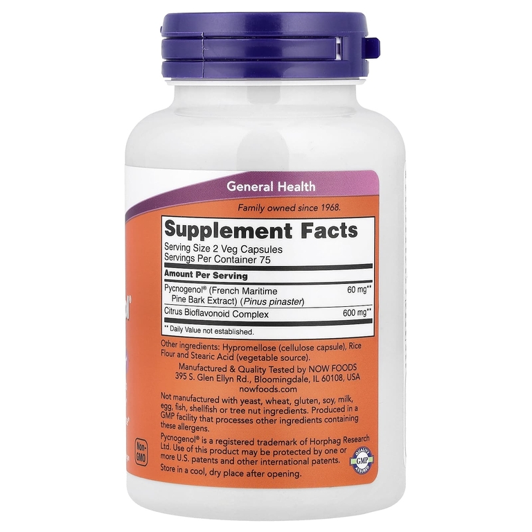 NOW Foods, экстракт коры французской приморской сосны Pycnogenol® с биофлавоноидами, 150 растительных капсул