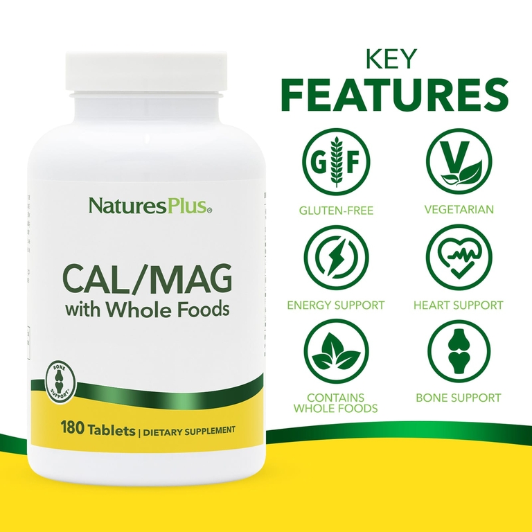 NaturesPlus, кальций и магний с цельнопищевыми ингредиентами, 180 таблеток