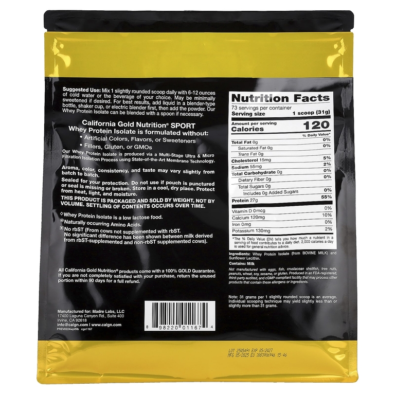 California Gold Nutrition, Спорт, изолят сывороточного протеина, без добавок, 2,27 кг (5 фунтов)
