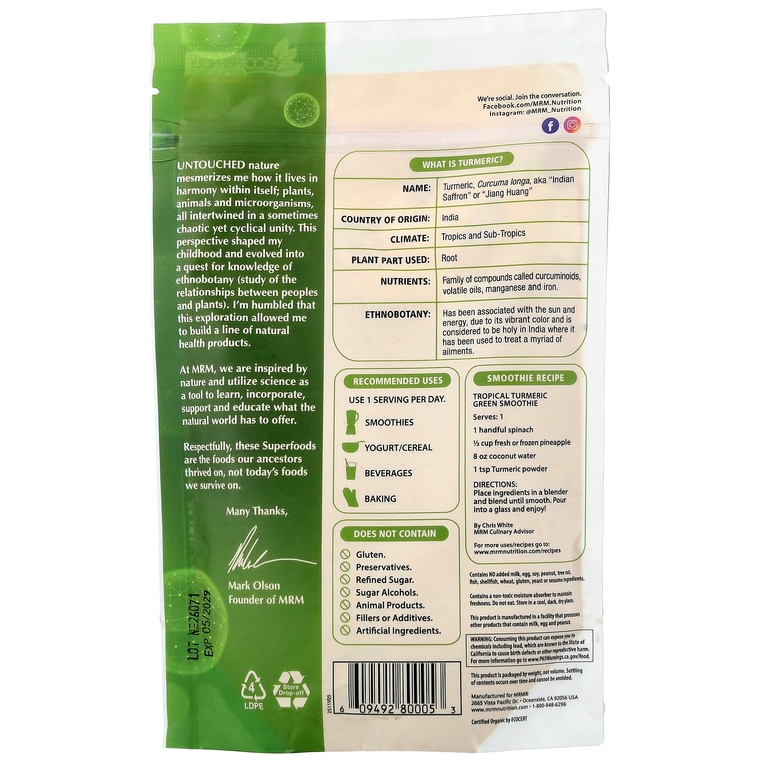 MRM Nutrition, органический порошок из корня куркумы, 170 г (6 унций)