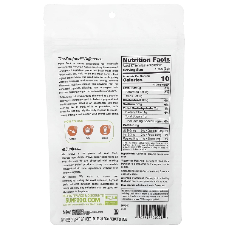 Sunfood, порошок из органической черной маки, 113 г (4 унции)