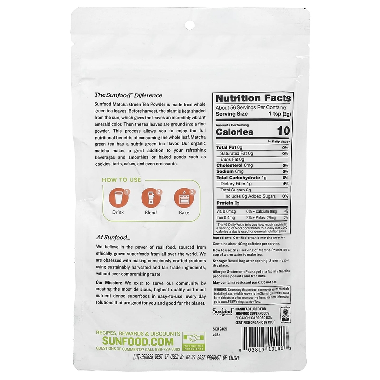 Sunfood, органический матча в порошке, 113 г (4 унции)