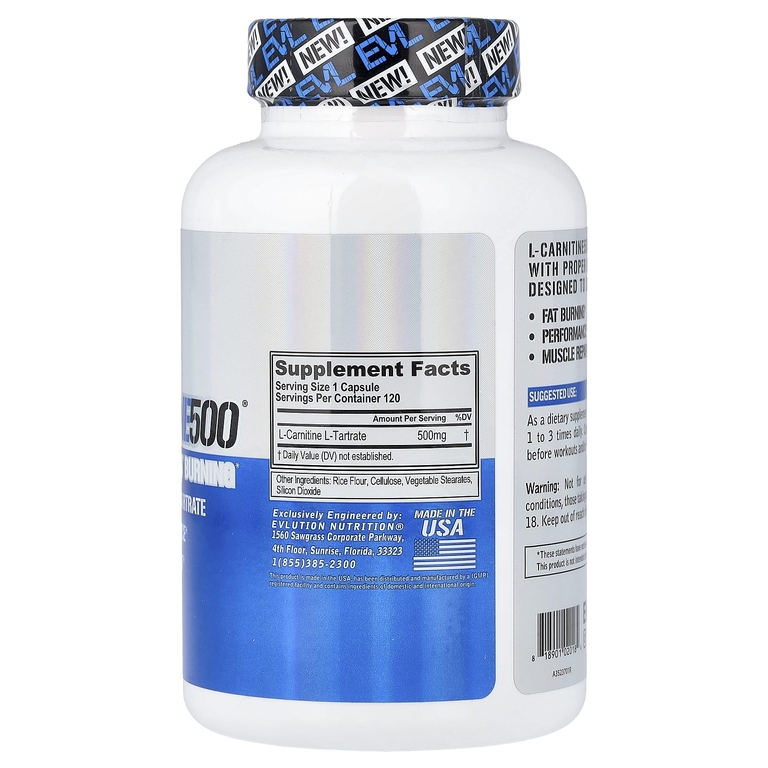 EVLution Nutrition, L-карнитин, 500 мг, 120 капсул