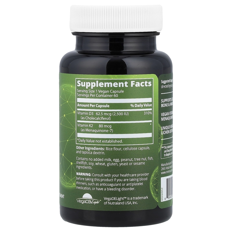 MRM Nutrition, веганские витамины D3 и K2, 62,5 мкг (2500 МЕ), 60 веганских капсул