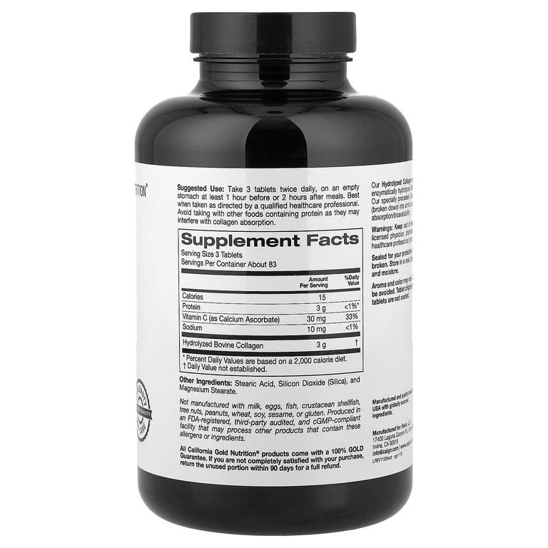 California Gold Nutrition, пептиды гидролизованного коллагена I и III типов с витамином C, 250 таблеток