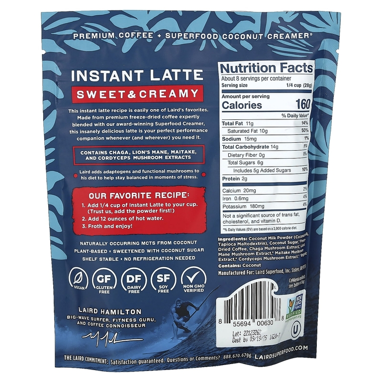 Laird Superfood, растворимый латте, кофе со сливками и адаптогенами, сладкий и сливочный, 227 г (8 унций)
