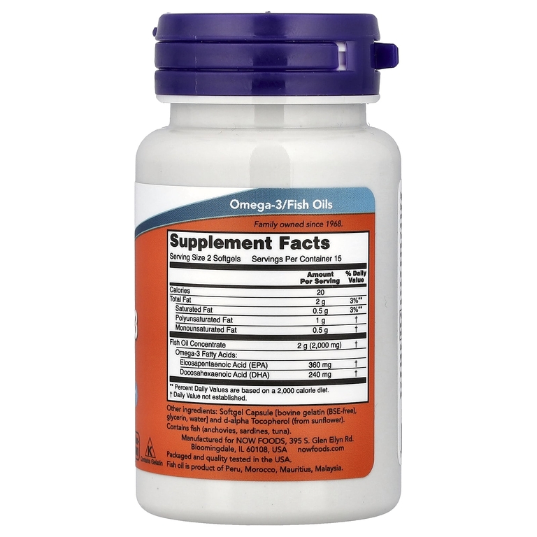 NOW Foods, рыбий жир с омега-3, 30 капсул (1 г в 1 капсуле)